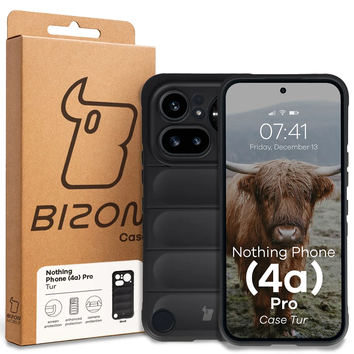 Przód pudełka Bizon Case z dedykowaną etykietą do Nothing Phone (4a) Pro