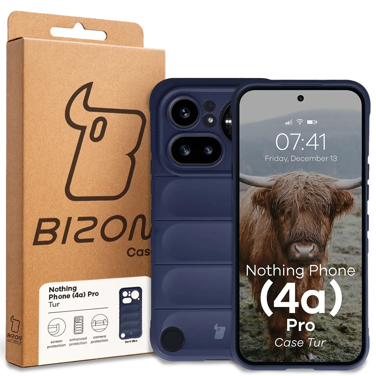 Przód pudełka Bizon Case z dedykowaną etykietą do Nothing Phone (4a) Pro