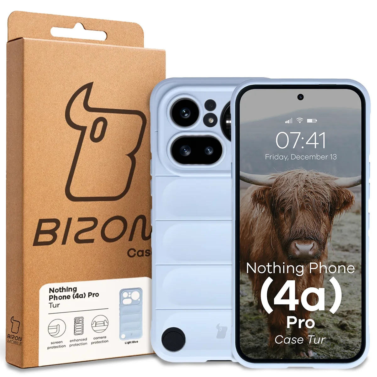 Przód pudełka Bizon Case z dedykowaną etykietą do Nothing Phone (4a) Pro