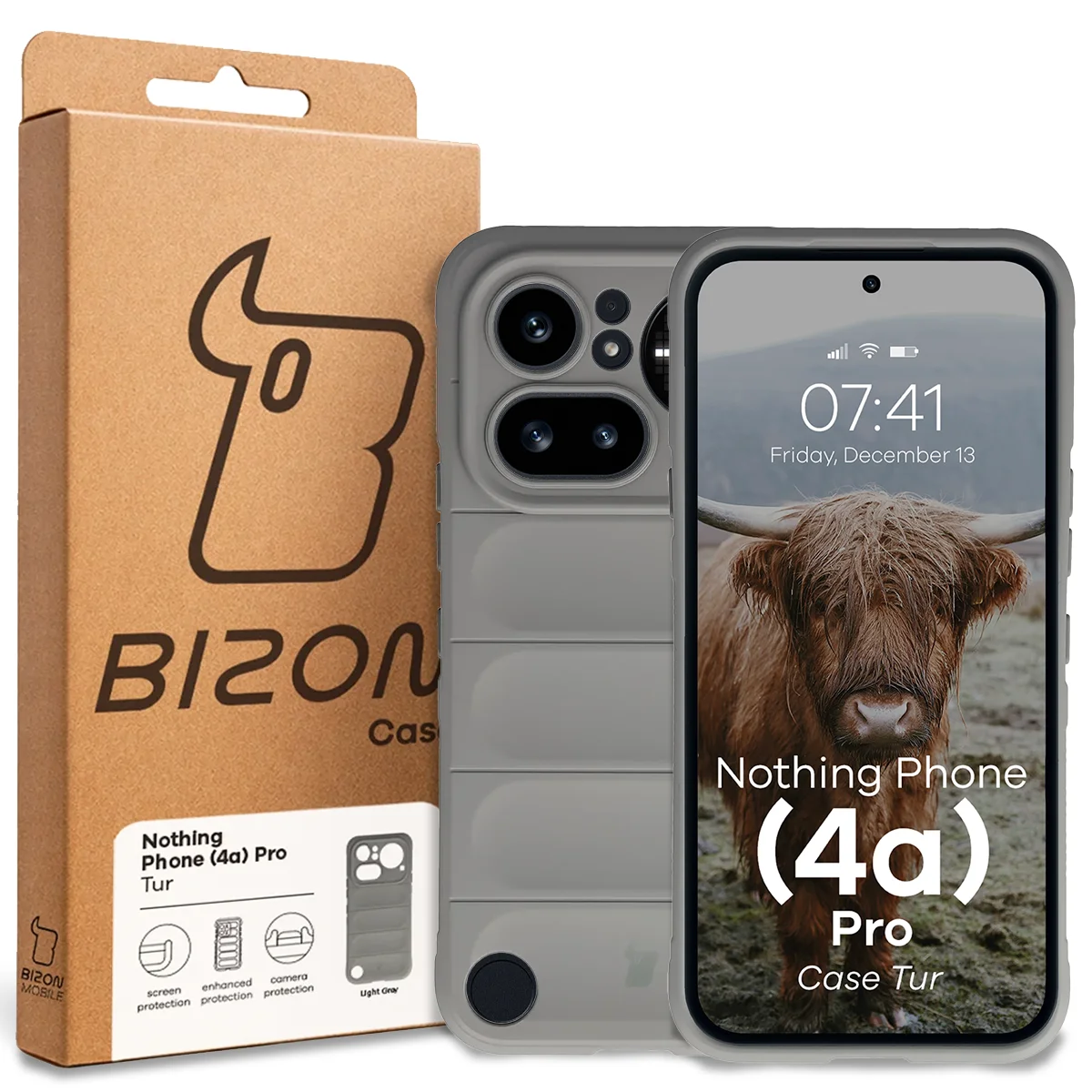 Przód pudełka Bizon Case z dedykowaną etykietą do Nothing Phone (4a) Pro