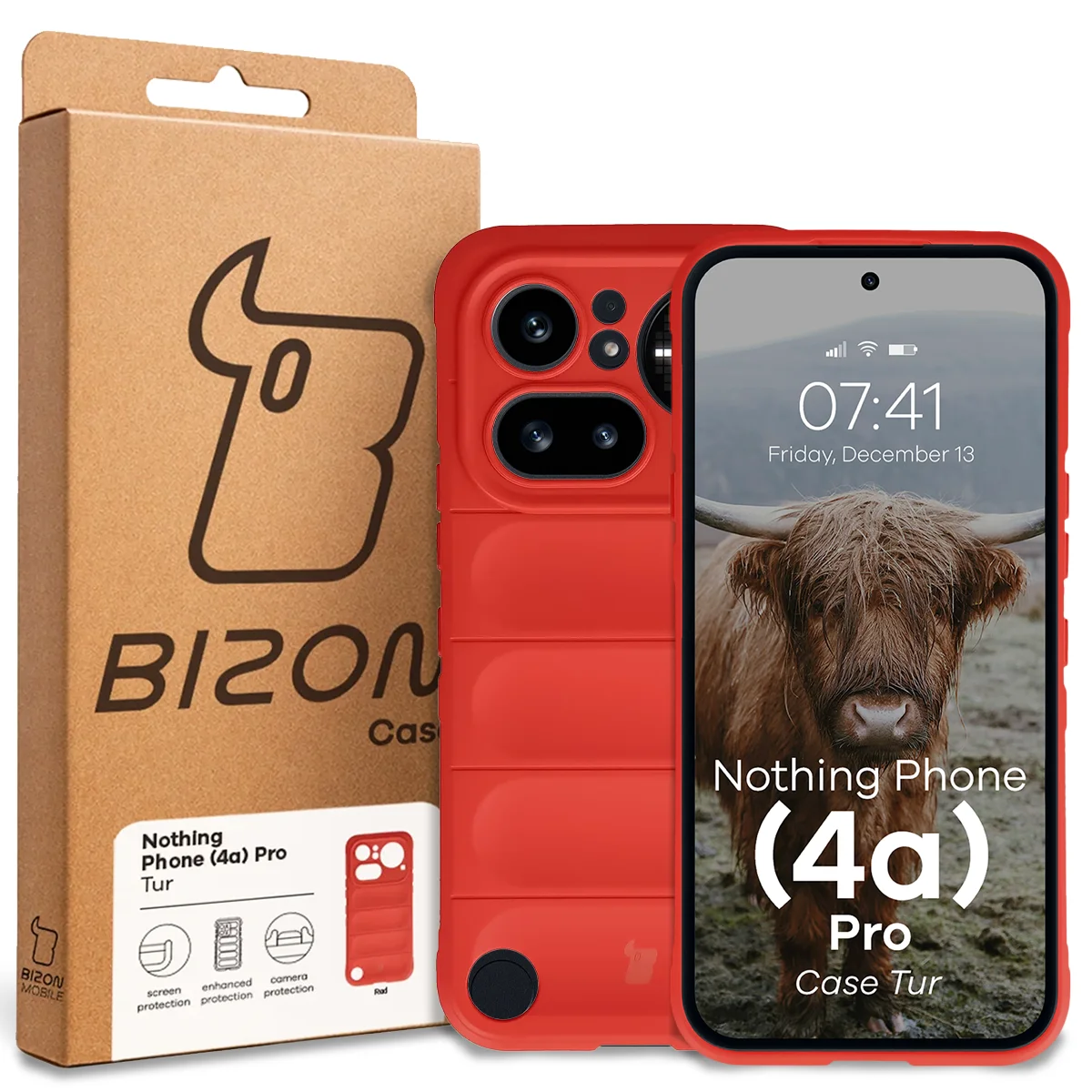 Przód pudełka Bizon Case z dedykowaną etykietą do Nothing Phone (4a) Pro