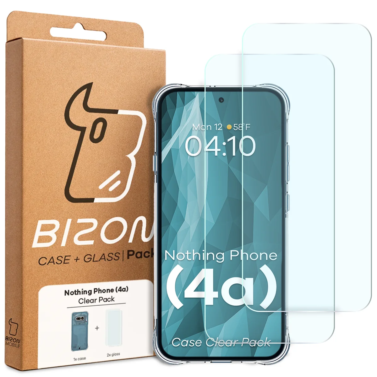 Front of the Bizon Case+Glass box with a dedicated label for Nothing Phone (4a)