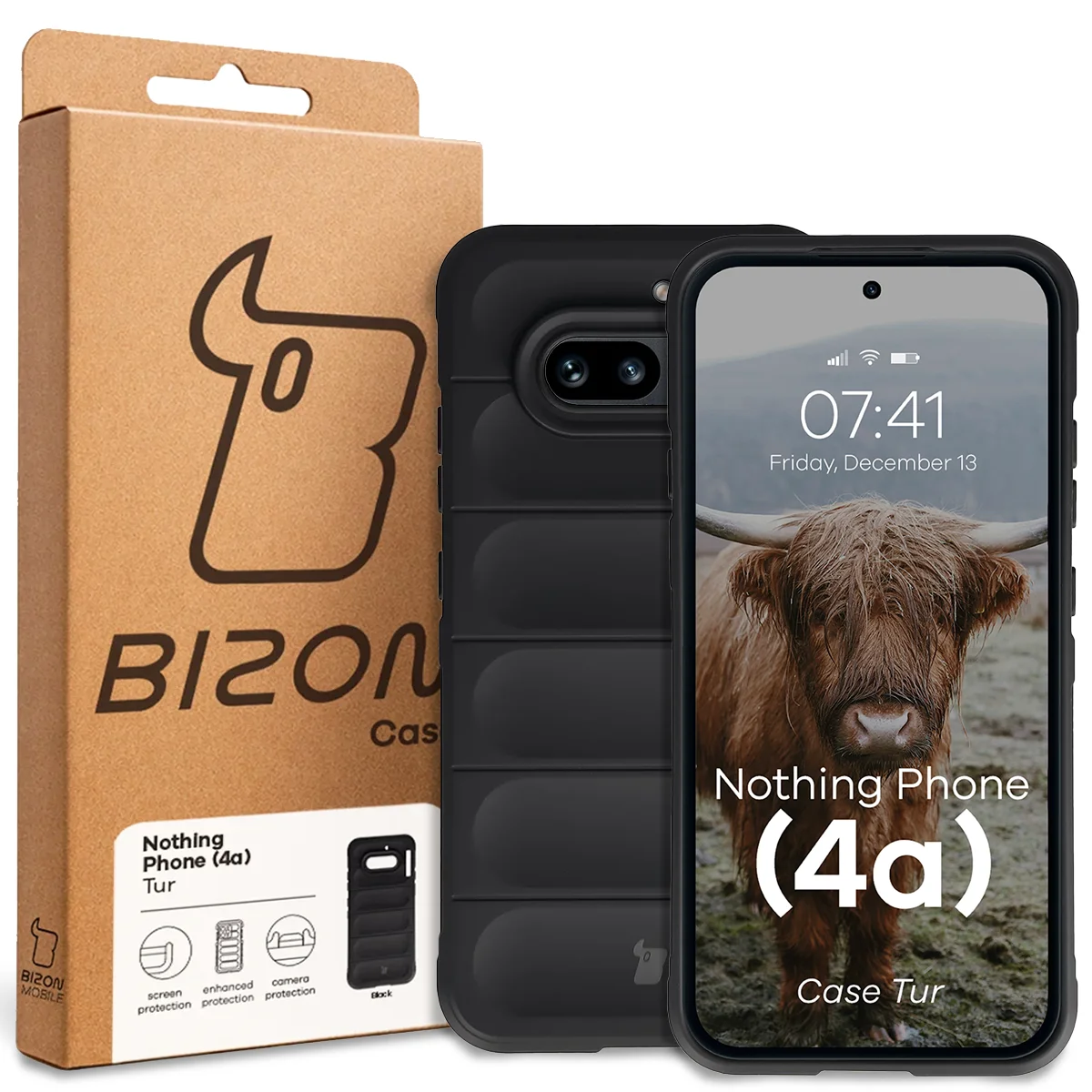 Przód pudełka Bizon Case z dedykowaną etykietą do Nothing Phone (4a)