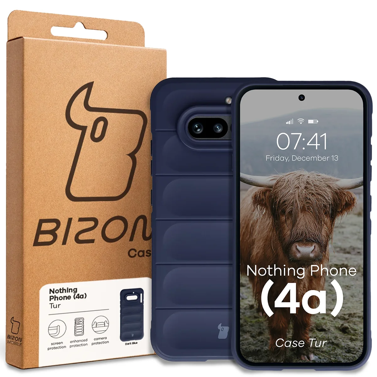 Przód pudełka Bizon Case z dedykowaną etykietą do Nothing Phone (4a)