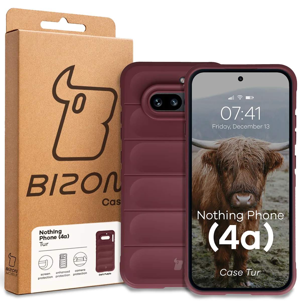 Przód pudełka Bizon Case z dedykowaną etykietą do Nothing Phone (4a)