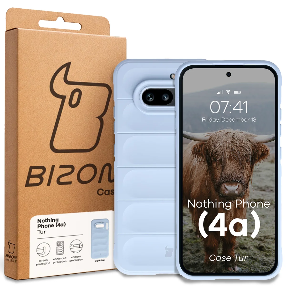 Przód pudełka Bizon Case z dedykowaną etykietą do Nothing Phone (4a)