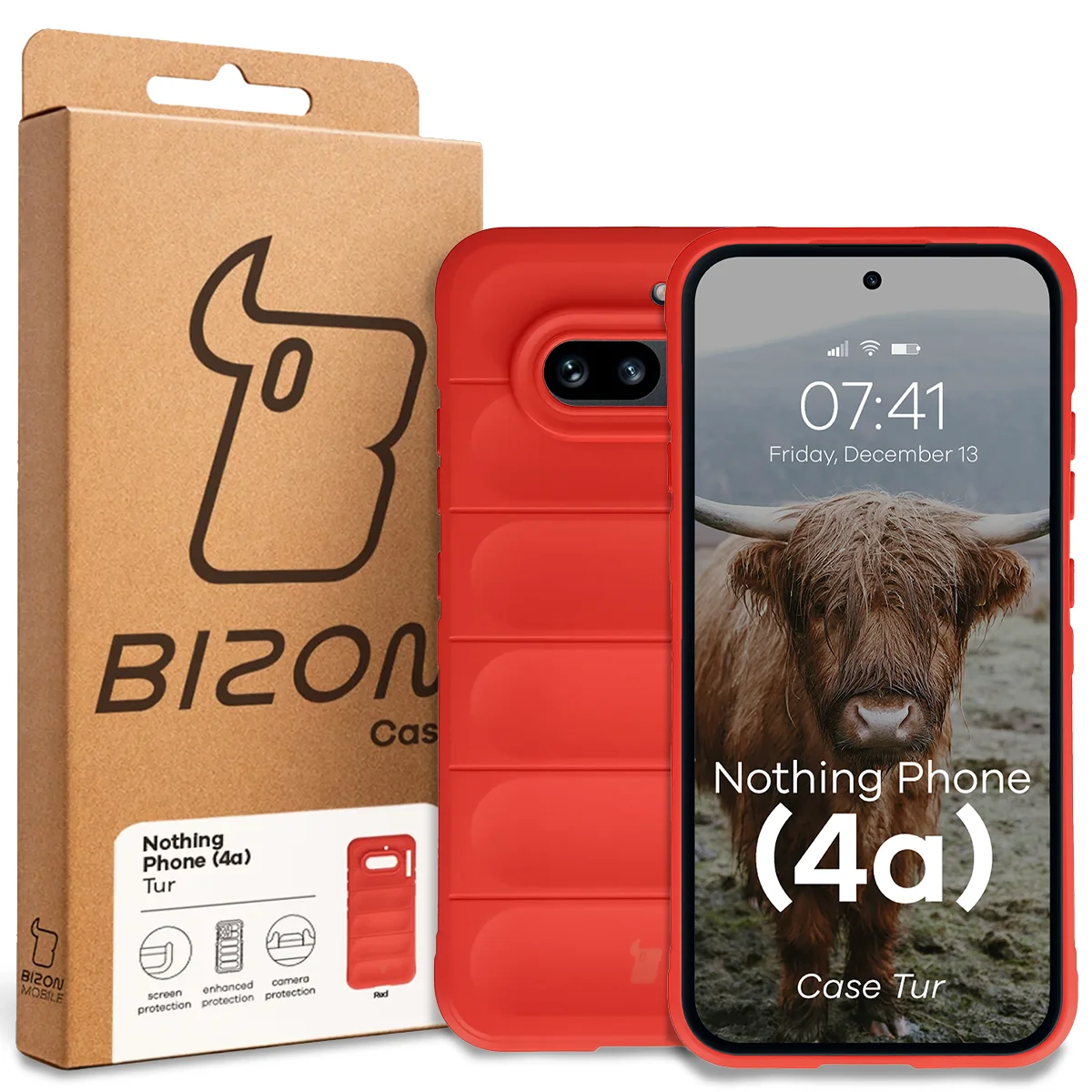 Przód pudełka Bizon Case z dedykowaną etykietą do Nothing Phone (4a)