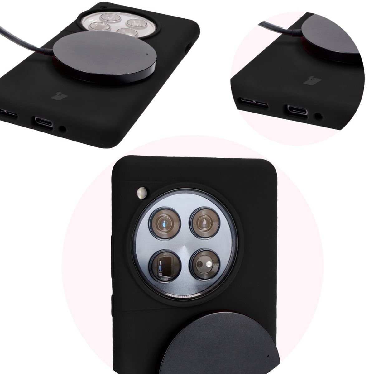 Zbliżenie na precyzyjne wycięcia i możliwość ładowania indukcyjnego w etui Bizon Soft Case