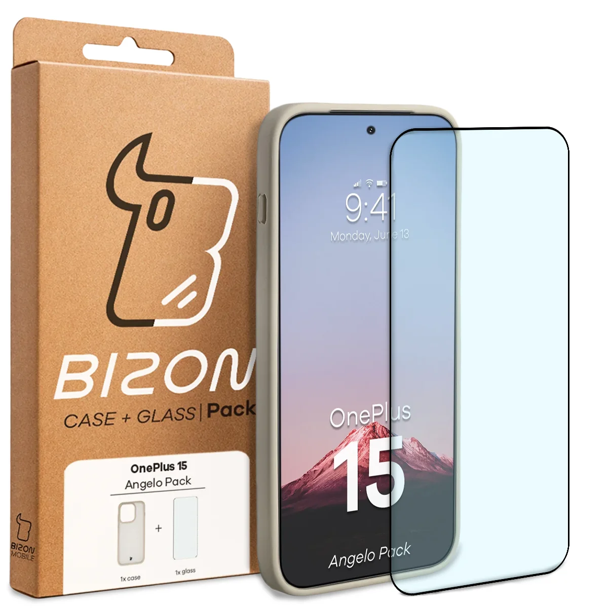 Przód pudełka Bizon Case Angelo Pack z dedykowaną etykietą do OnePlus 15