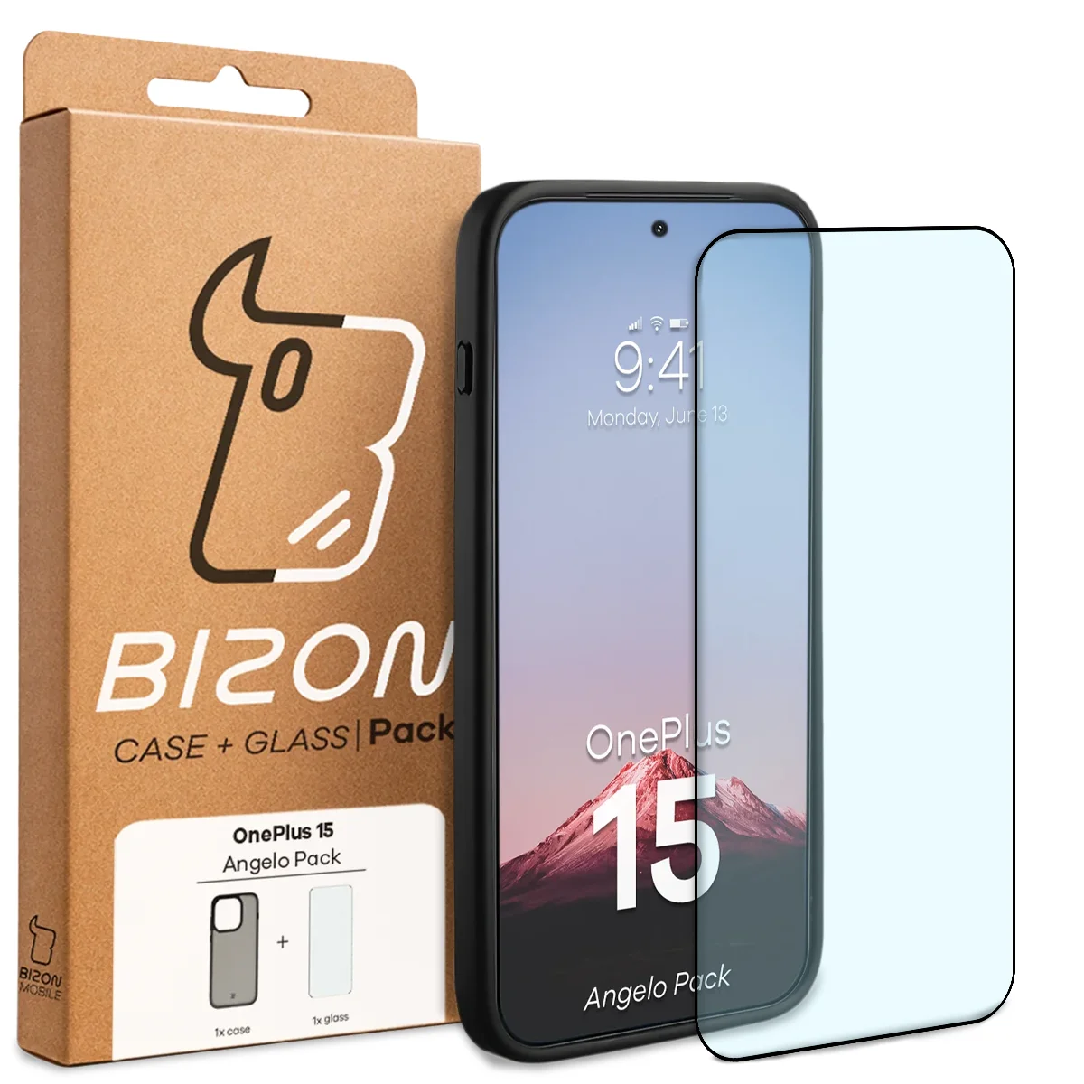 Przód pudełka Bizon Case Angelo Pack z dedykowaną etykietą do OnePlus 15