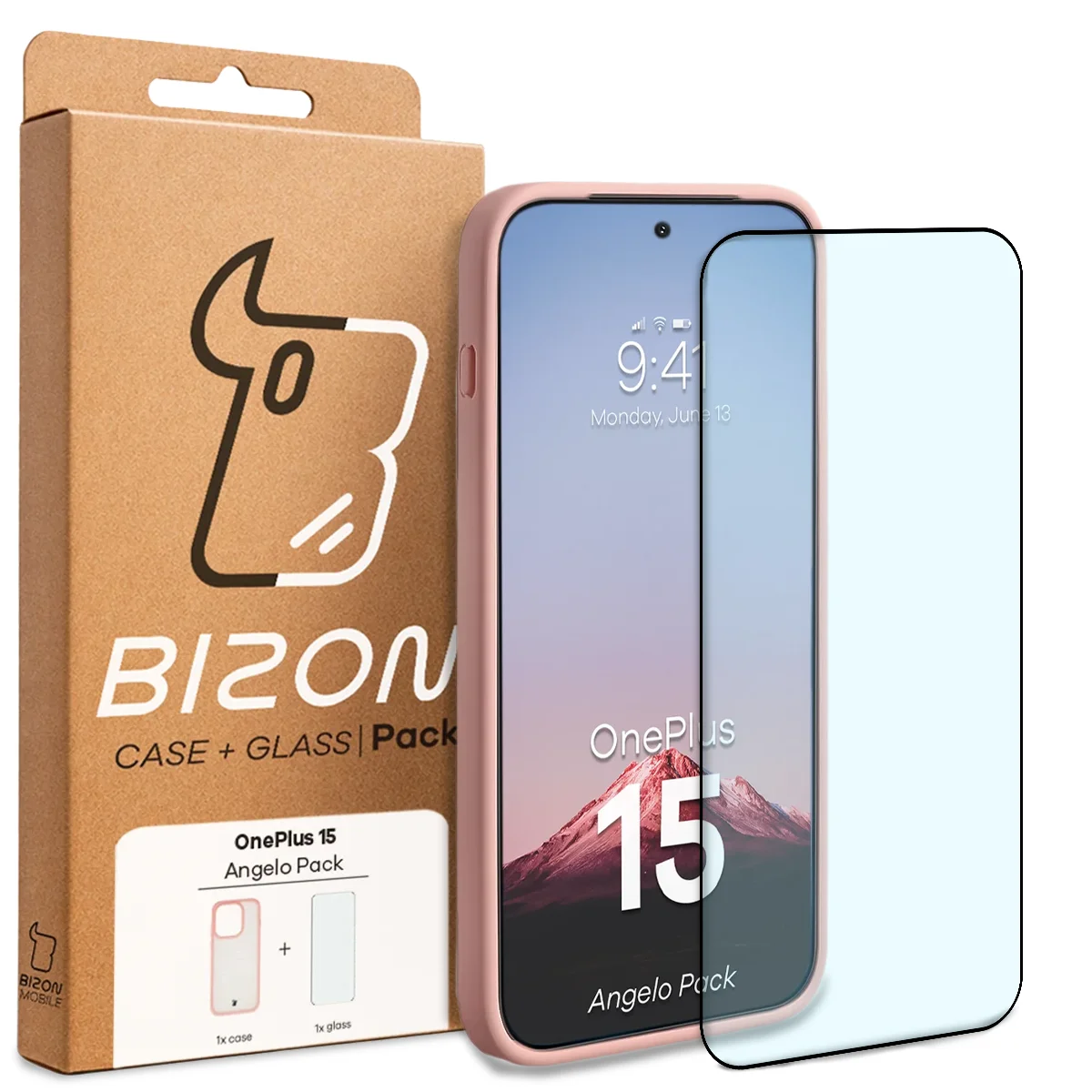 Przód pudełka Bizon Case Angelo Pack z dedykowaną etykietą do OnePlus 15