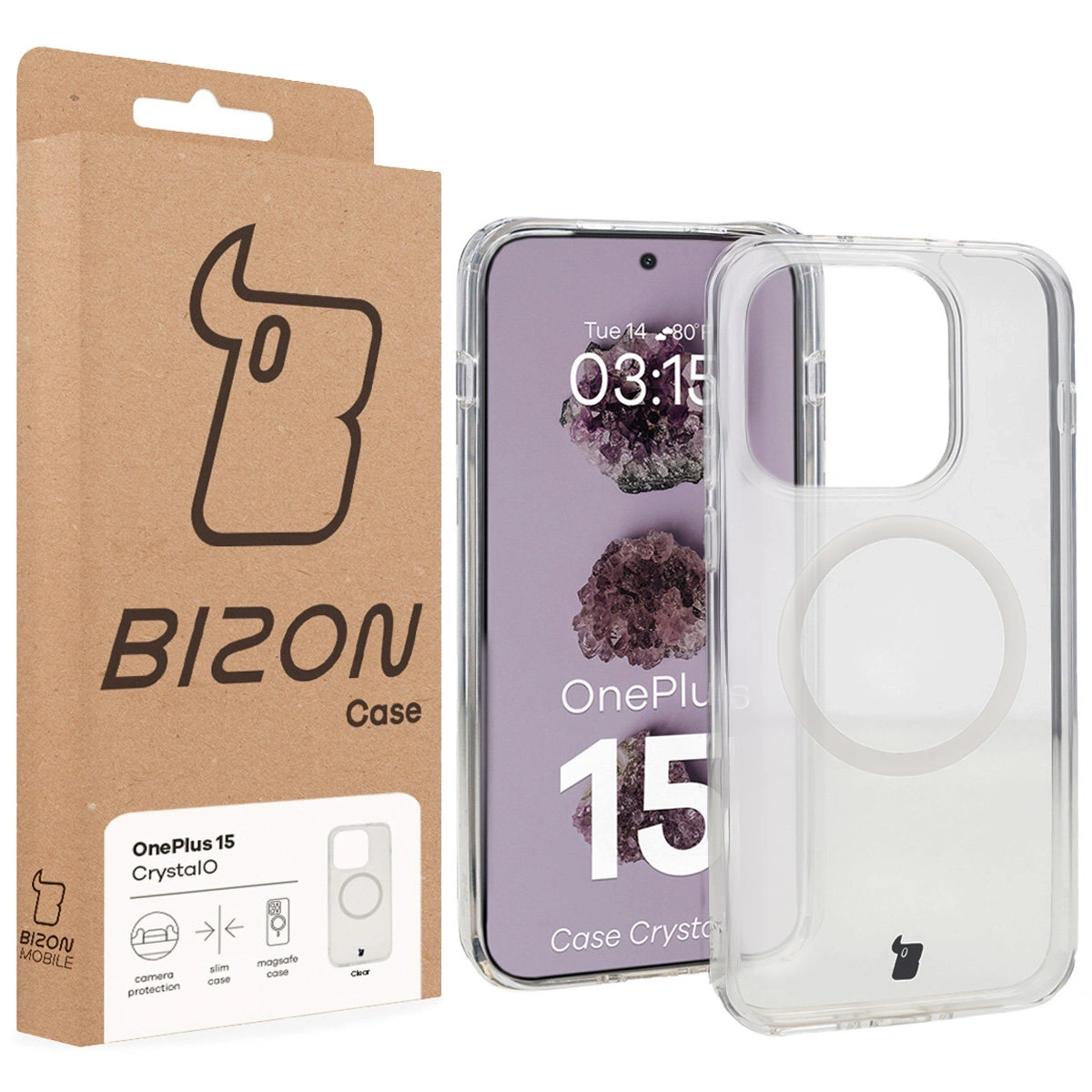 Przód pudełka Bizon Case z dedykowaną etykietą do OnePlus 15