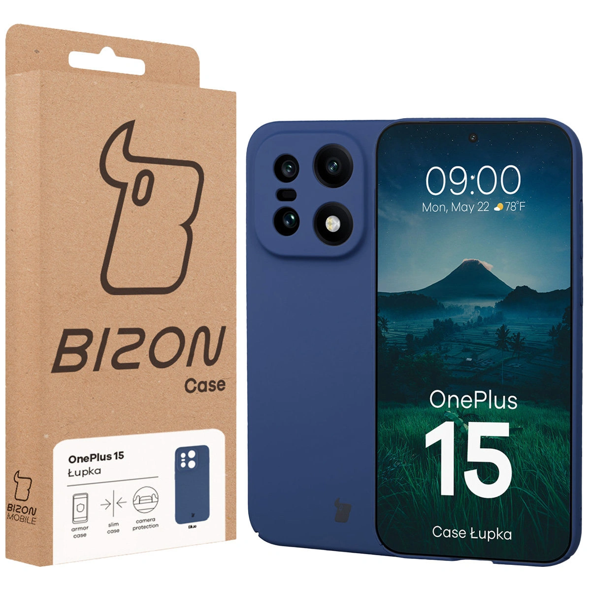 Przód pudełka Bizon Case z dedykowaną etykietą do OnePlus 15