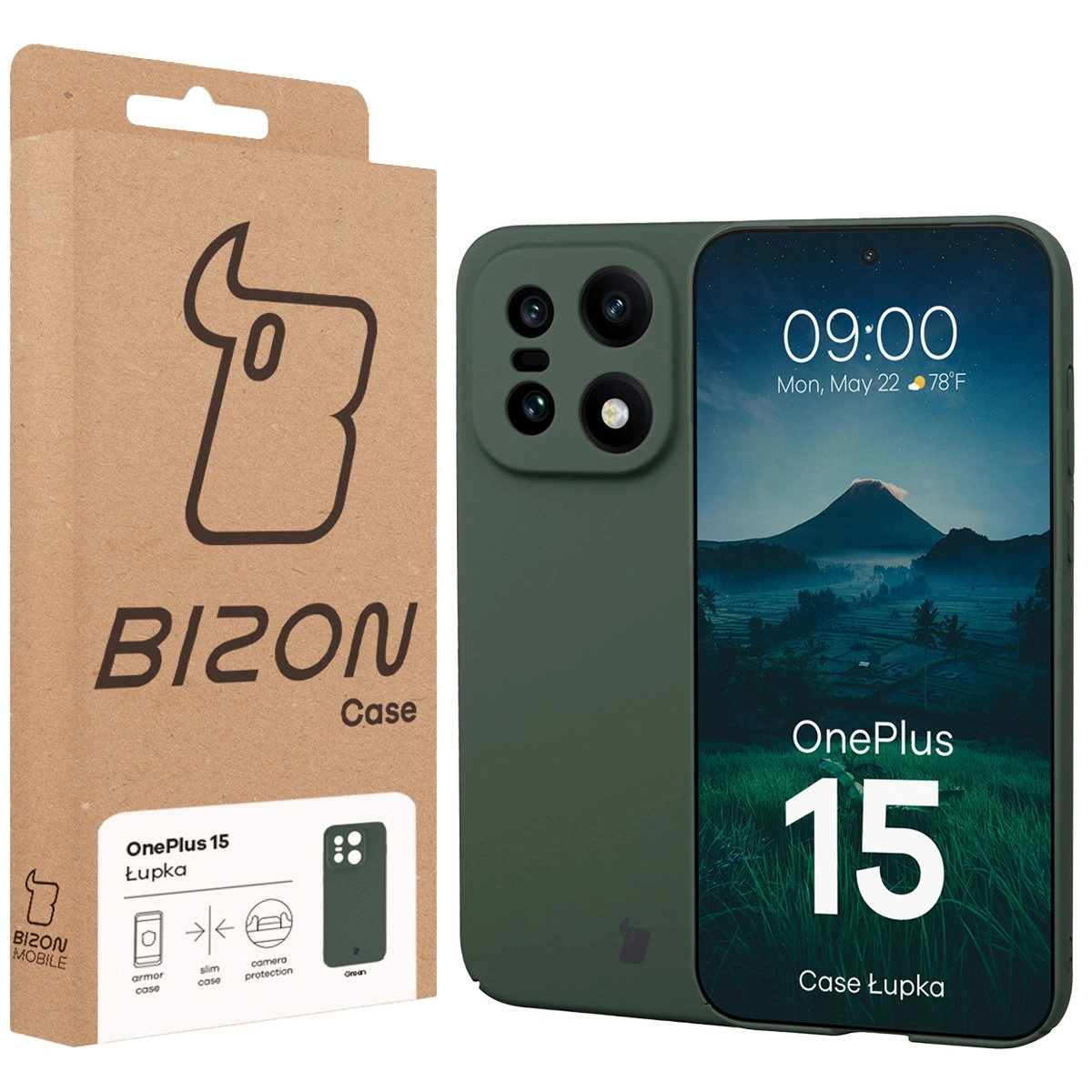 Przód pudełka Bizon Case z dedykowaną etykietą do OnePlus 15
