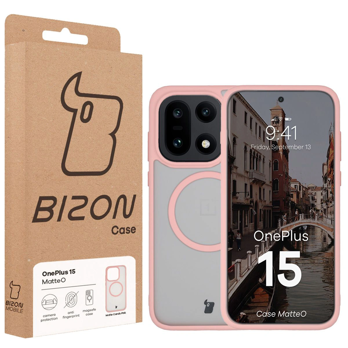 Fața cutiei Bizon Case cu etichetă dedicată pentru OnePlus 15