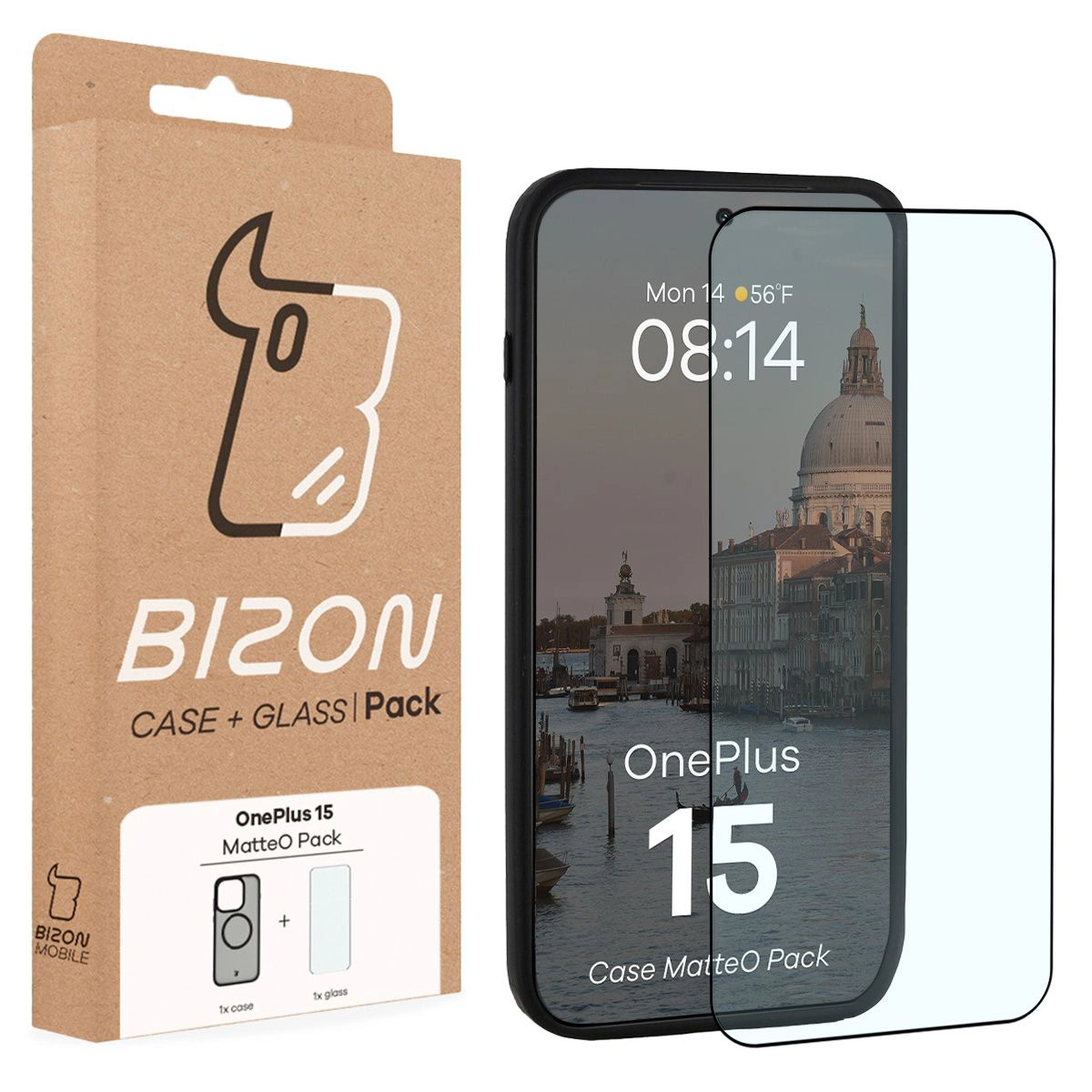 Przód pudełka Bizon Case Matteo Pack z dedykowaną etykietą do OnePlus 15
