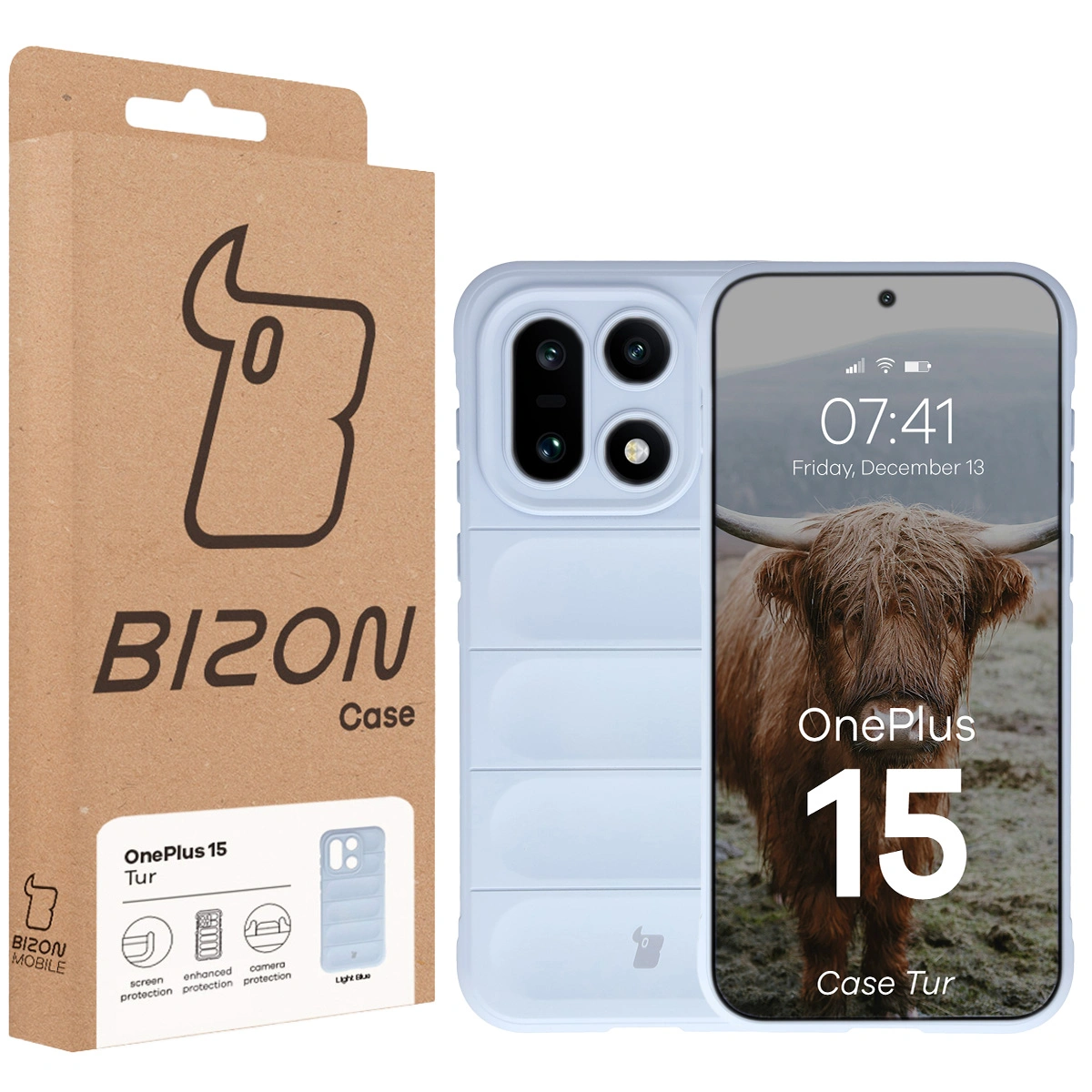 Fața cutiei Bizon Case cu eticheta dedicată pentru OnePlus 15