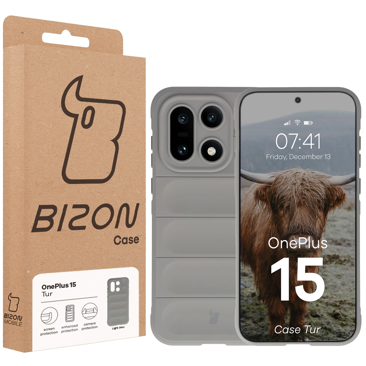 Fața cutiei Bizon Case cu eticheta dedicată pentru OnePlus 15
