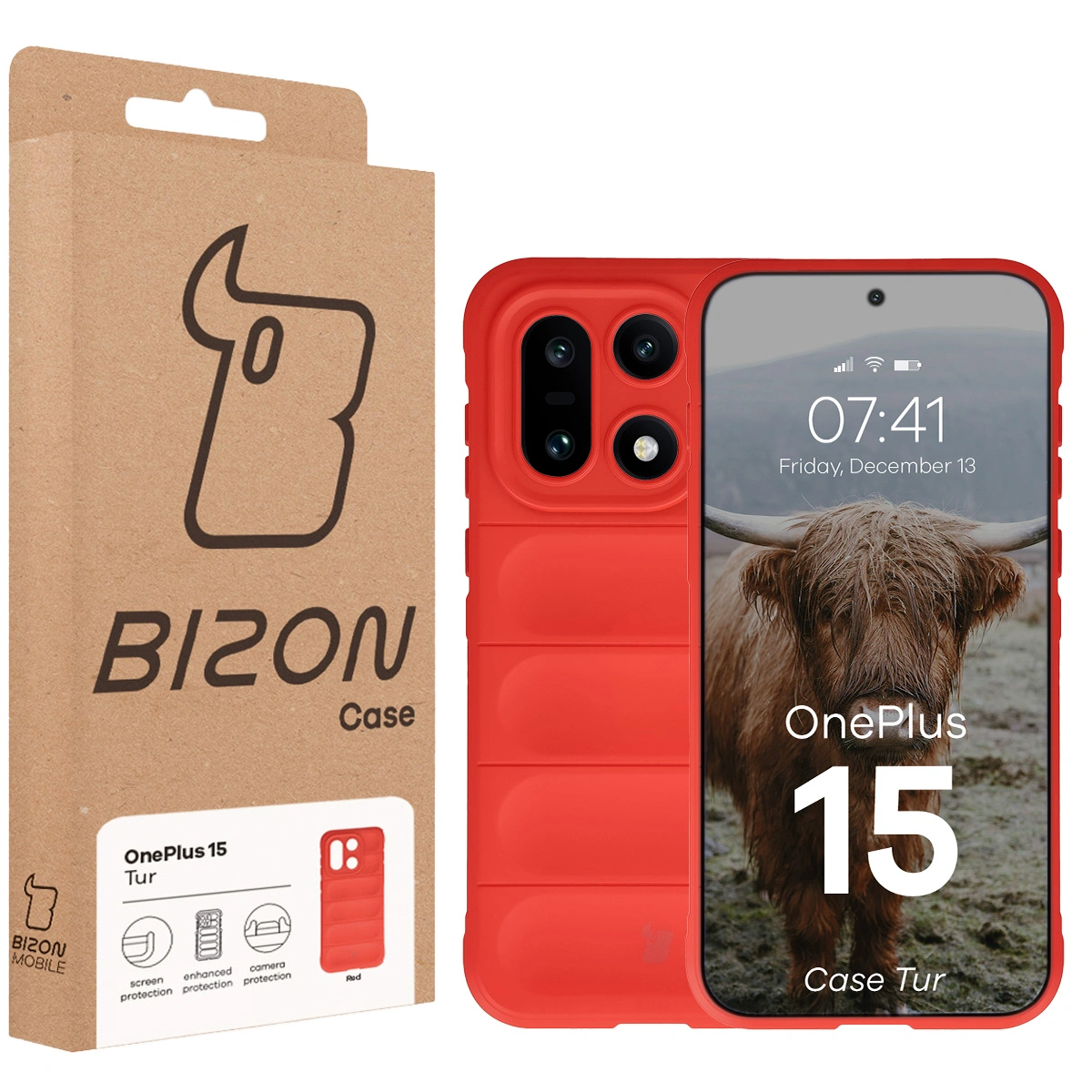 Fața cutiei Bizon Case cu etichetă dedicată pentru OnePlus 15