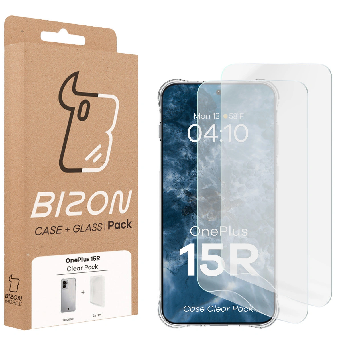Front of the Bison Case+Glass box with dedicated label for OnePlus 15R