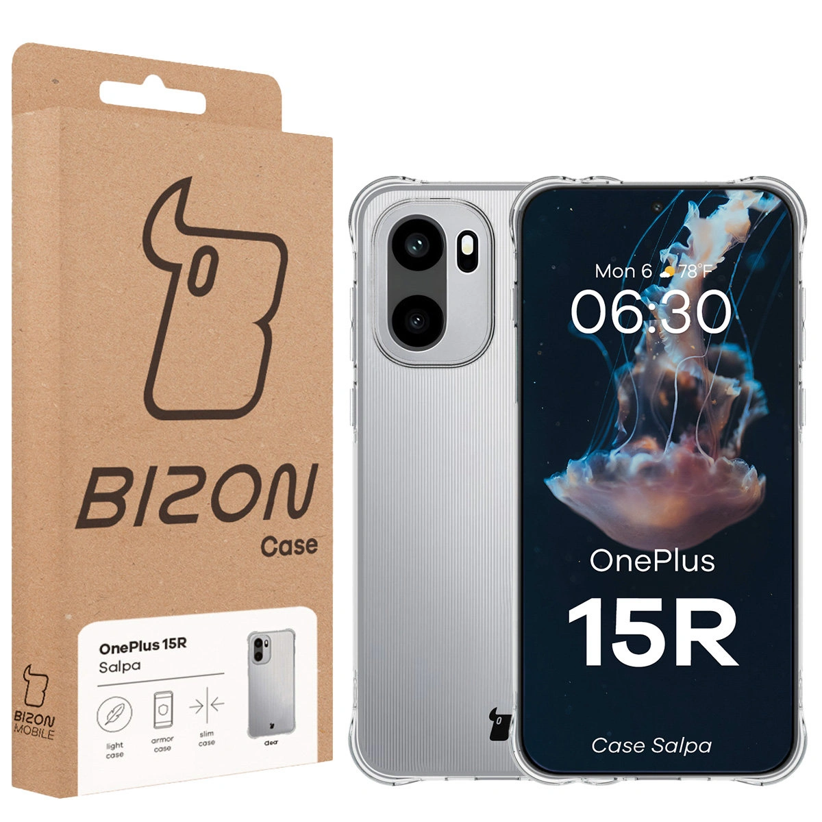 Vorderseite der Bizon Case Box mit dediziertem Etikett für das OnePlus 15R
