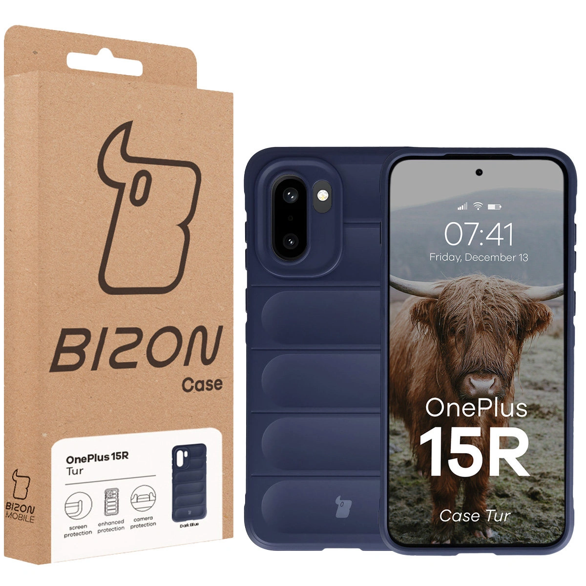 Fața cutiei Bizon Case cu eticheta dedicată pentru OnePlus 15R