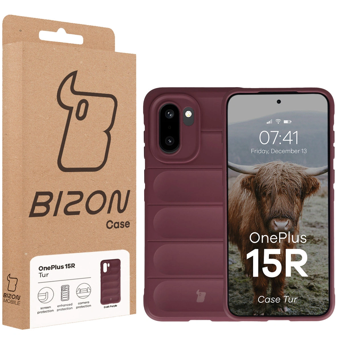 Przód pudełka Bizon Case z dedykowaną etykietą do OnePlus 15R