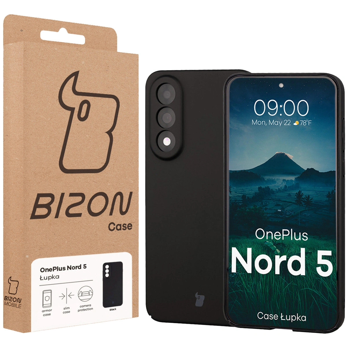 Przód pudełka Bizon Case z dedykowaną etykietą do OnePlus Nord 5