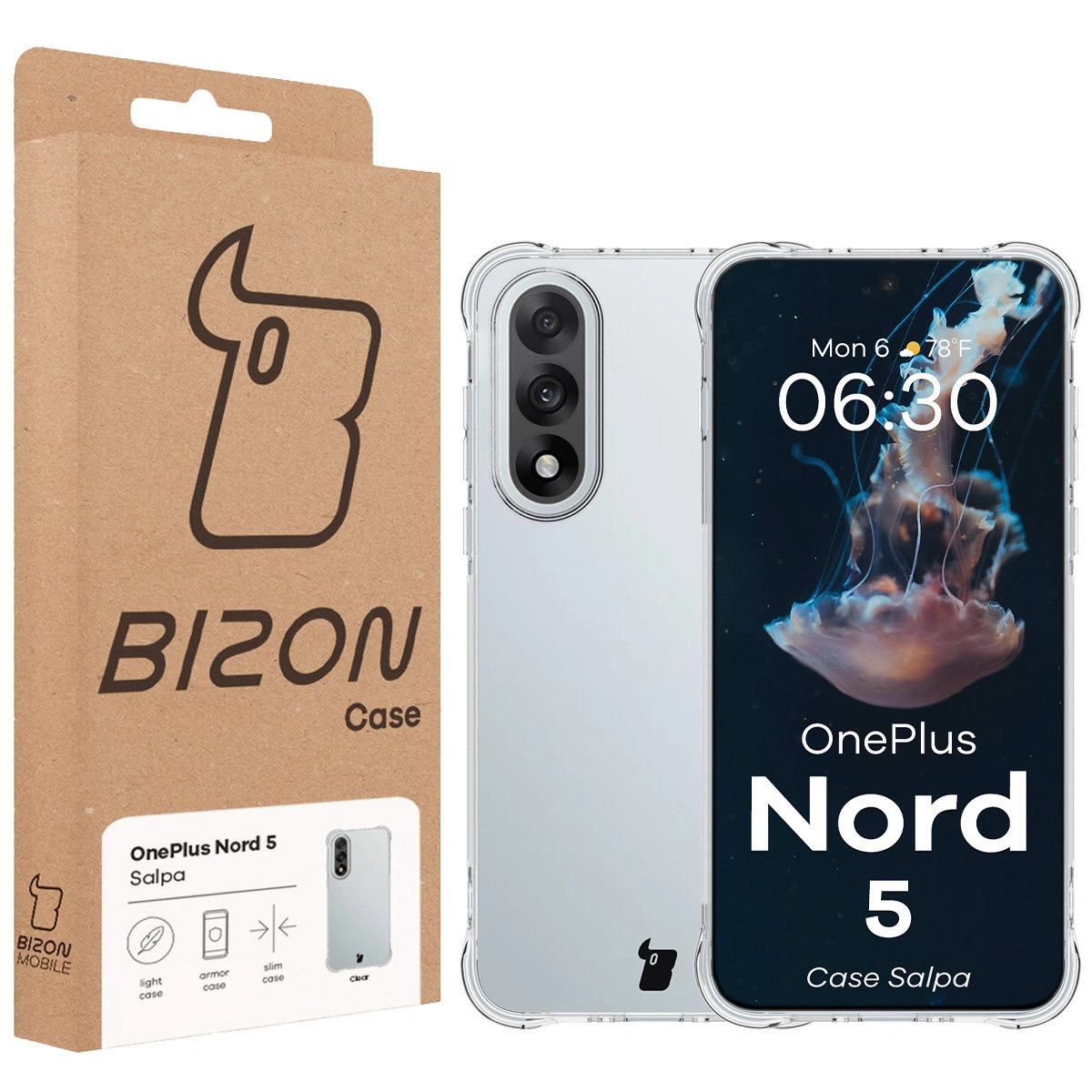 Przód pudełka Bizon Case z dedykowaną etykietą do OnePlus Nord 5
