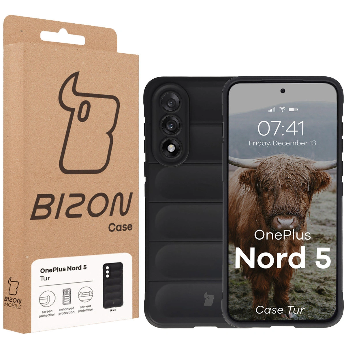 Front of the Bison Case box with a dedicated label for OnePlus Nord 5