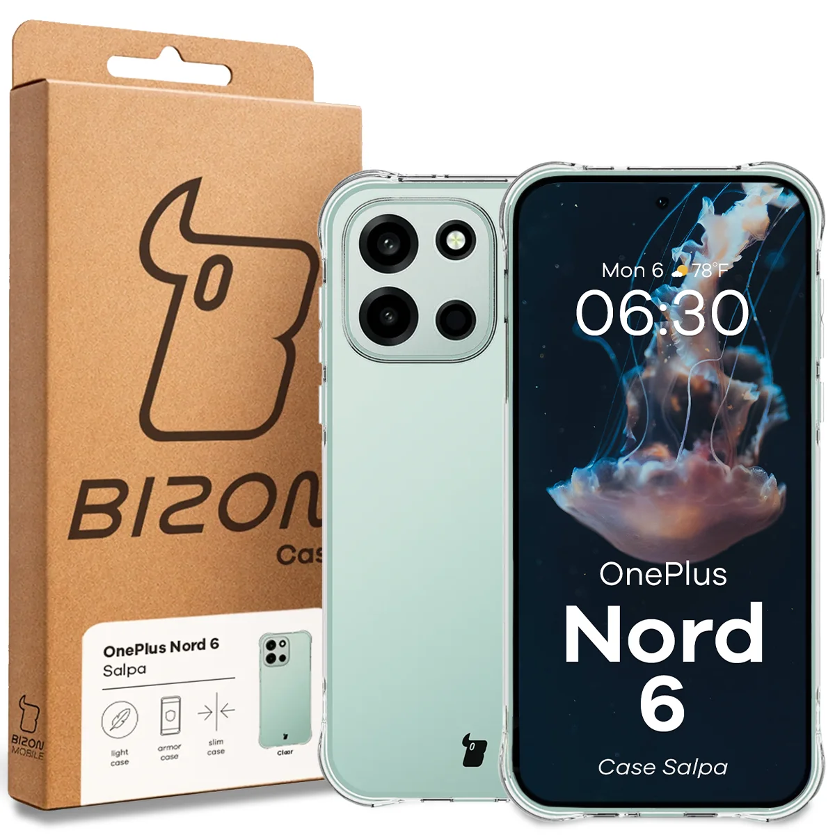 A Bizon Case doboz elülső oldala a OnePlus Nord 6 dedikált címkéjével