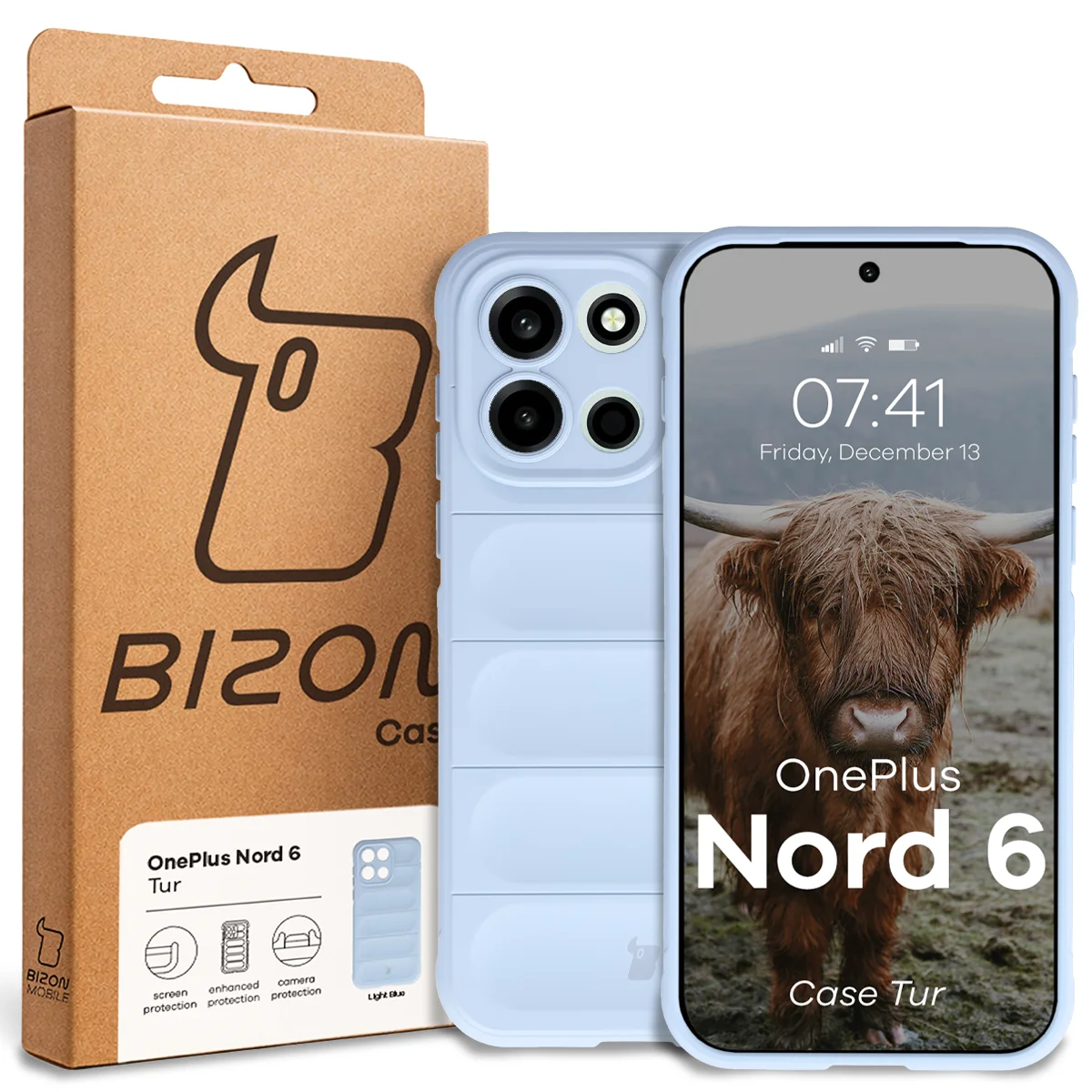 Vorderseite der Bizon Case Verpackung mit dediziertem Etikett für OnePlus Nord 6