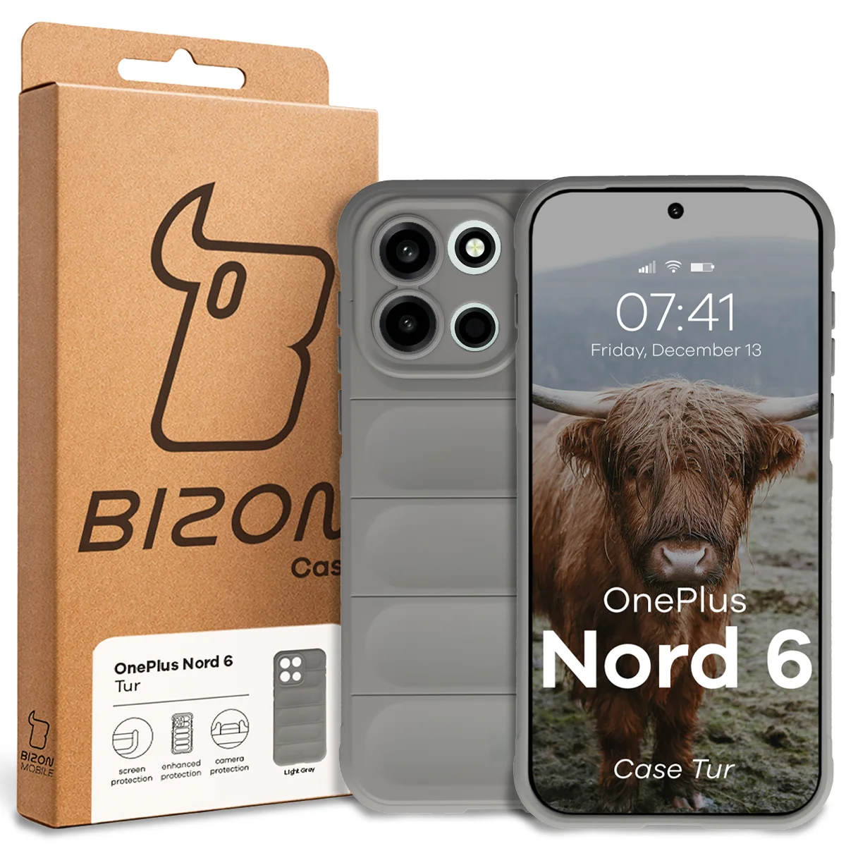 Vorderseite der Bizon Case Box mit dediziertem Etikett für OnePlus Nord 6