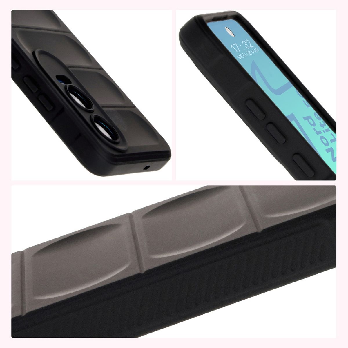 Textured sides and raised edges of the screen and camera in the Bizon Case Tur case