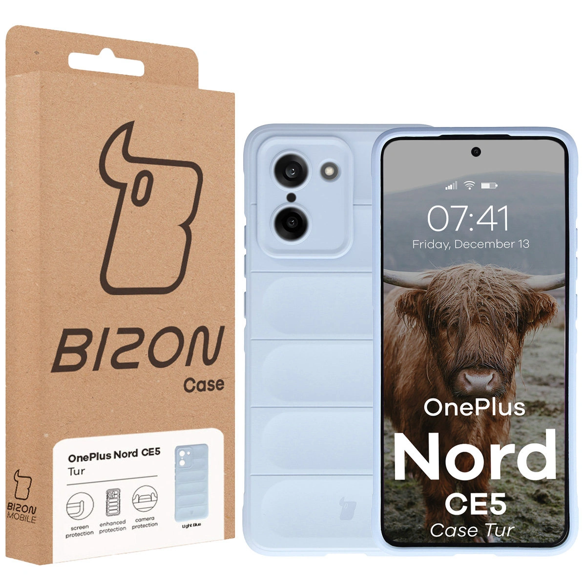 Przód pudełka Bizon Case z dedykowaną etykietą do OnePlus Nord CE5 5G
