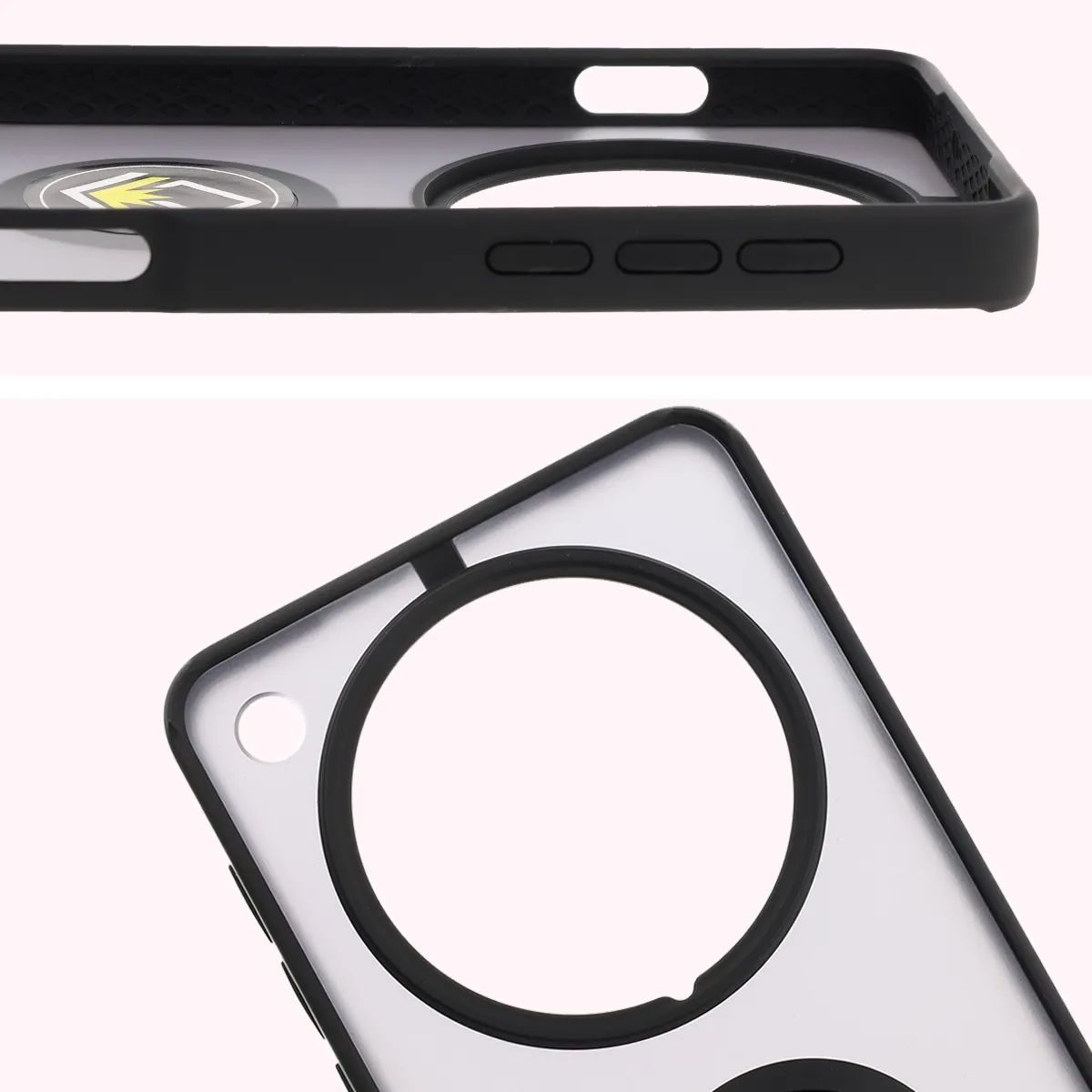 Zbliżenie na podwyższone krawędzie przy wyświetlaczu i wyspie aparatu w etui Bizon Hybrid Ring