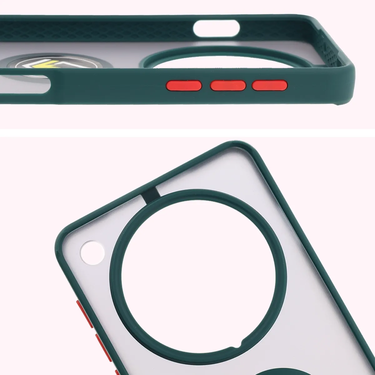 Zbliżenie na podwyższone krawędzie przy wyświetlaczu i wyspie aparatu w etui Bizon Hybrid Ring