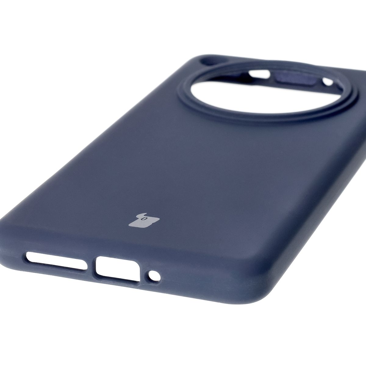 Close-up of precise cutouts and wireless charging capability in the Bison Soft Case