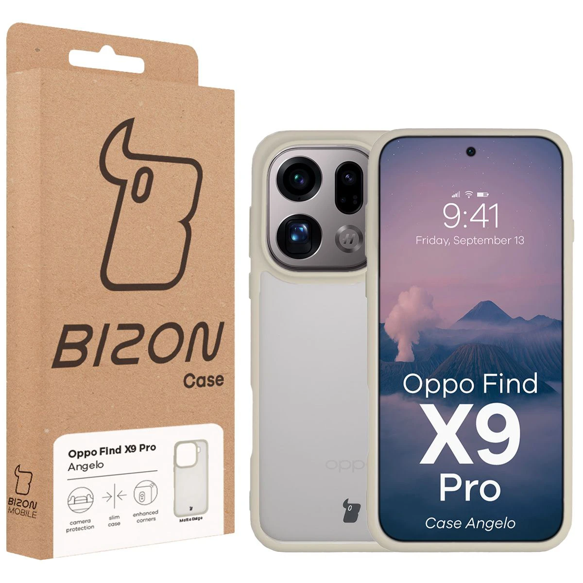Front of the Bizon Case box with a dedicated label for Oppo Find X9 Pro