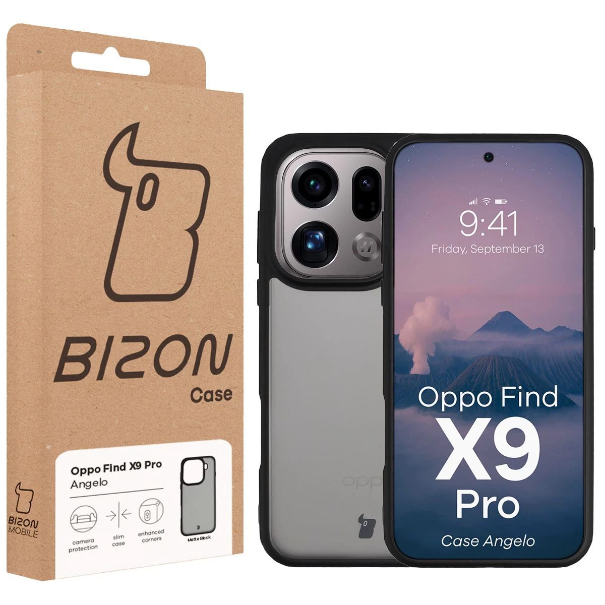 Vorderseite der Bizon Case Box mit spezieller Etikette für das Oppo Find X9 Pro