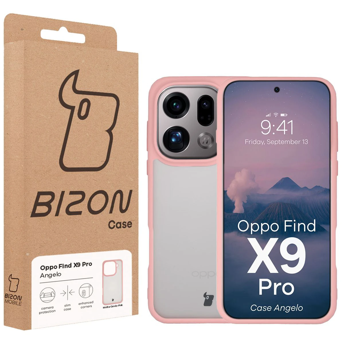Front of the Bizon Case box with a dedicated label for Oppo Find X9 Pro