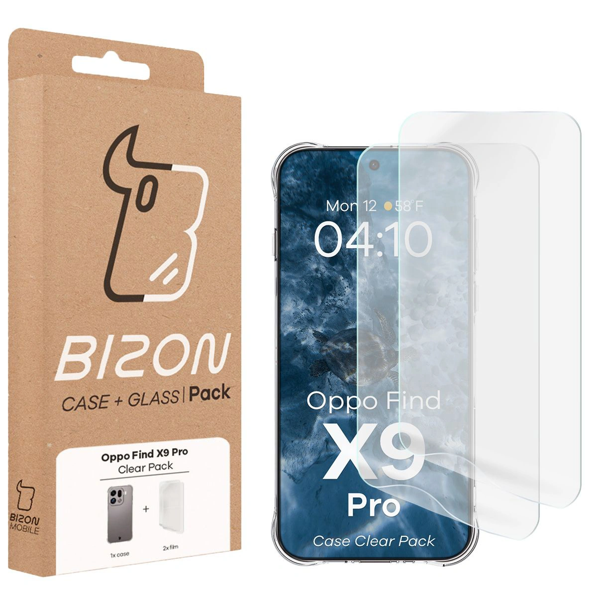 Front of Bison Case+Glass box with dedicated label for Oppo Find X9 Pro