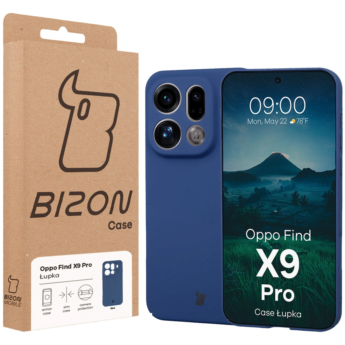 Przód pudełka Bizon Case z dedykowaną etykietą do Oppo Find X9 Pro