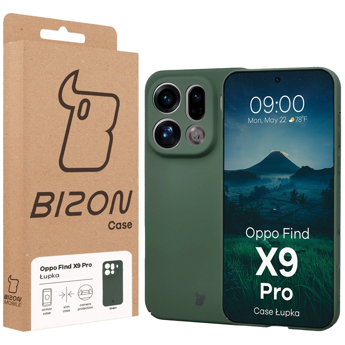 Przód pudełka Bizon Case z dedykowaną etykietą do Oppo Find X9 Pro