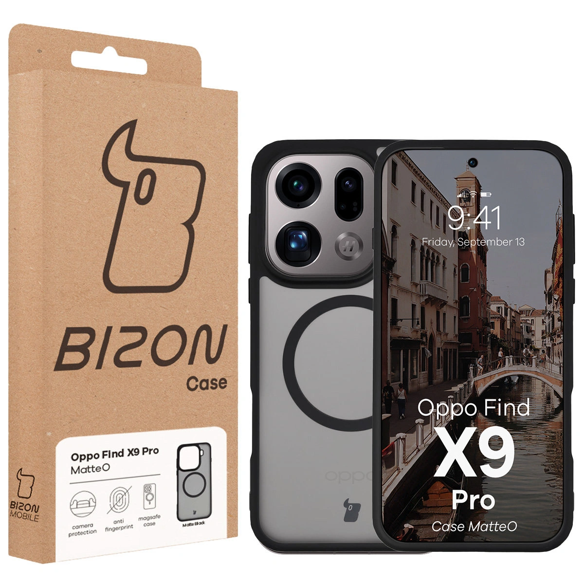 Front of the Bizon Case box with a dedicated label for Oppo Find X9 Pro