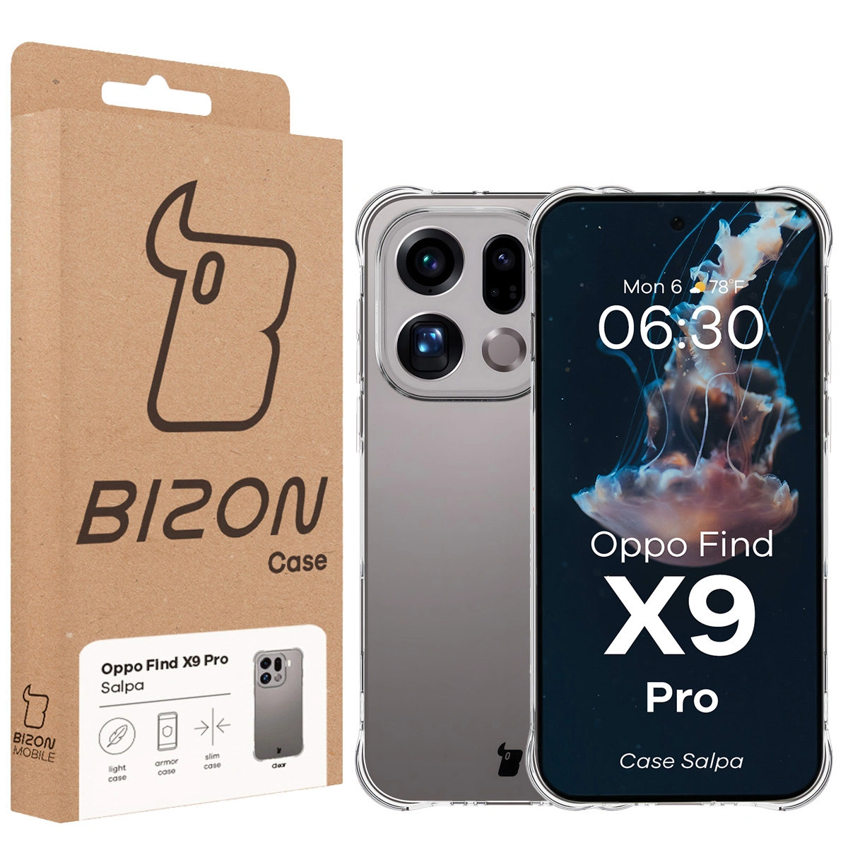 Vorderseite der Bizon Case Box mit dediziertem Etikett für Oppo Find X9 Pro
