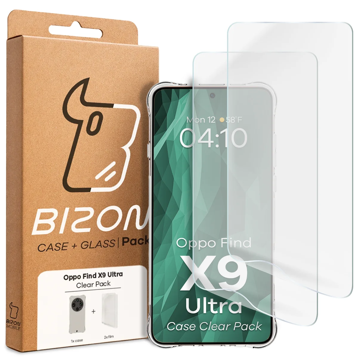 Front of the Bizon Case+Glass box with a dedicated label for Oppo Find X9 Ultra