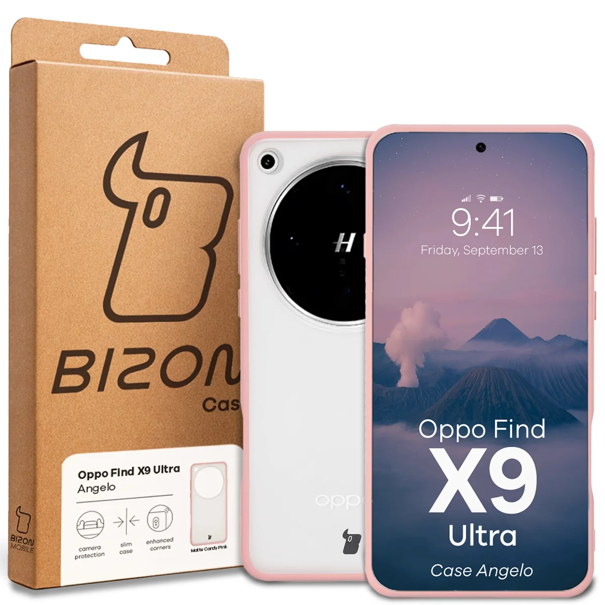 Przód pudełka Bizon Case z dedykowaną etykietą do Oppo Find X9 Ultra
