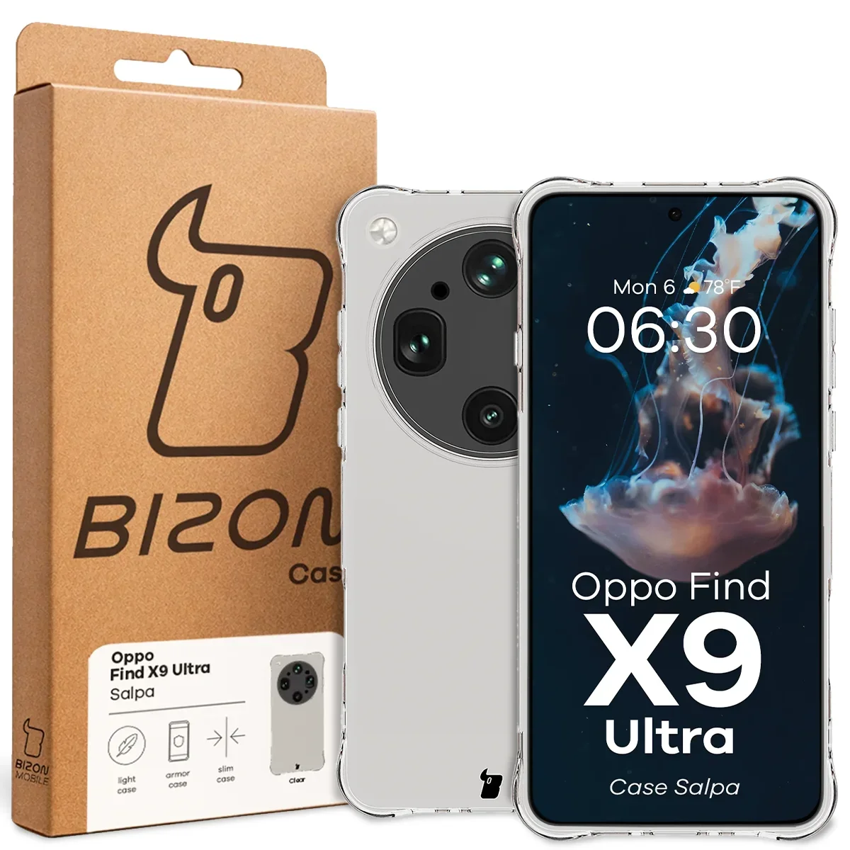 Przód pudełka Bizon Case z dedykowaną etykietą do Oppo Find X9 Ultra