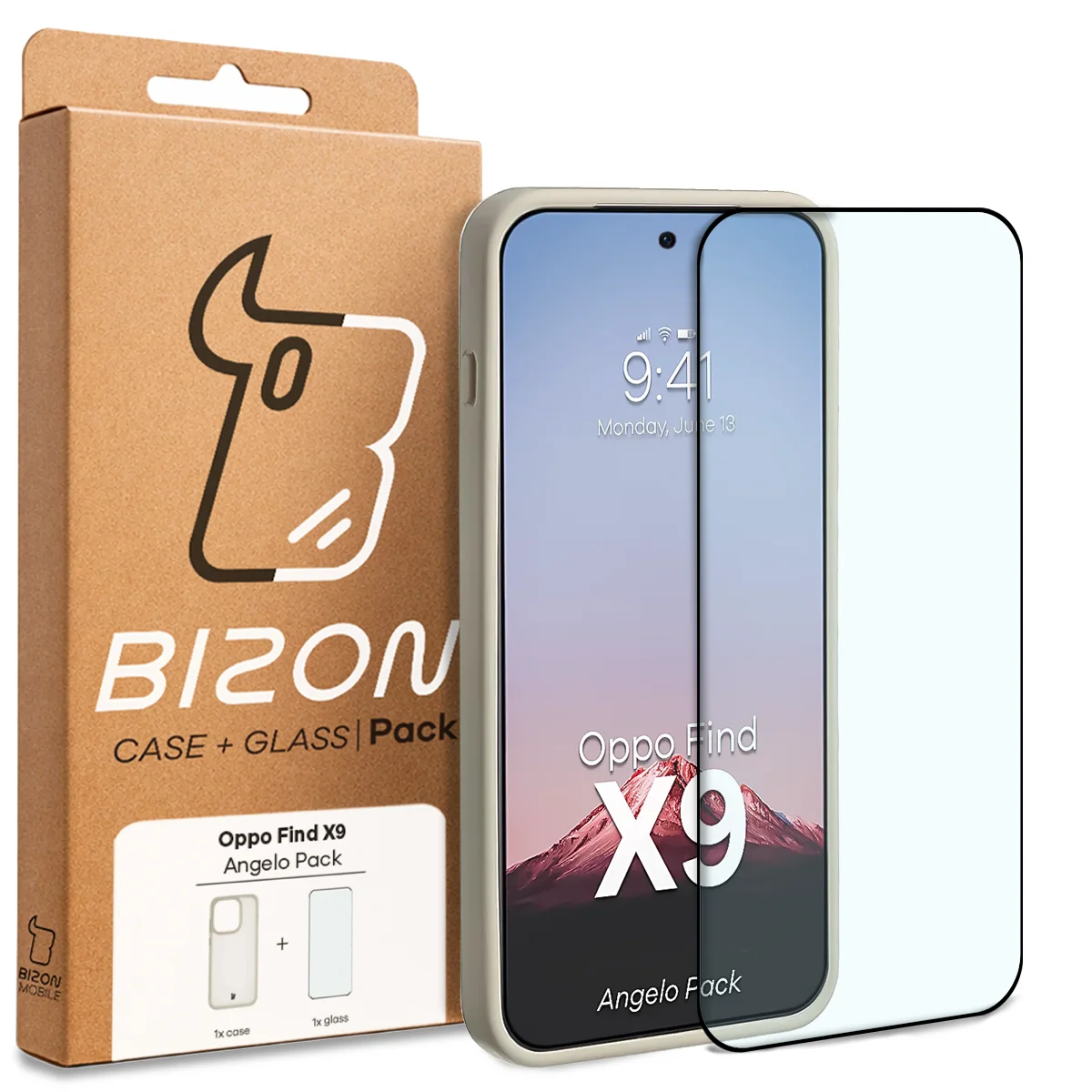 Przód pudełka Bizon Case Angelo Pack z dedykowaną etykietą do Oppo Find X9